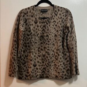 Jones New York 100% Cashmere Taupe and Dark Brown Leopard Crewneck Sweater